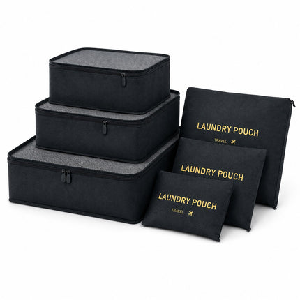 A set of black fabric travel organizers and laundry pouches with gray interior lining and gold 'LAUNDRY POUCH' text, shown on a clean white background.
