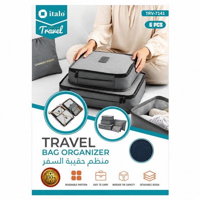 A travel bag organizer set by Italo Travel shown on its retail packaging. The packaging features a lifestyle photo of a person sitting on the floor packing, with the six gray and black zippered pouches displayed.