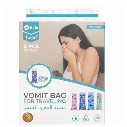 Vomit bag packaging for traveling with a woman on a couch, featuring italo brand.