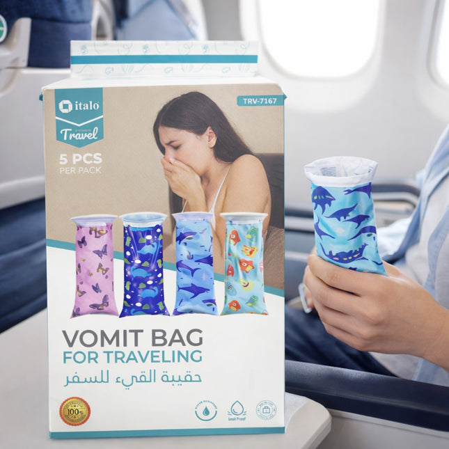 Vomit bag packaging with a woman using a travel vomit bag inside an airplane.