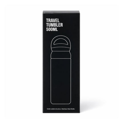 Black packaging box for a travel tumbler with white text and outline.