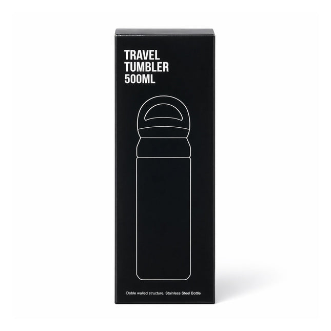 Black packaging box for a travel tumbler with white text and outline.