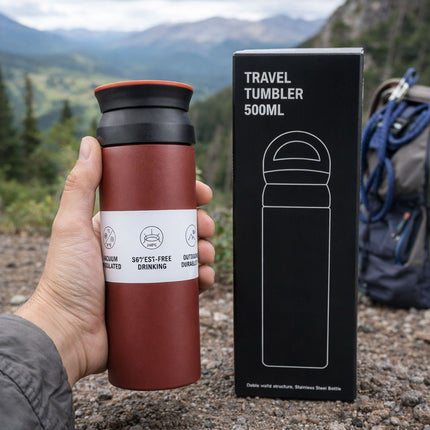 Red travel tumbler held by a hand with its packaging in the background, set against a mountainous landscape.