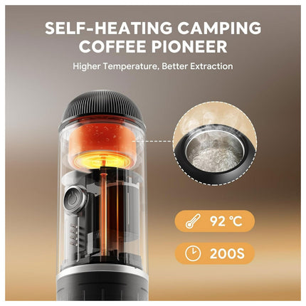 Self-heating camping coffee maker with temperature and time indicators on a gradient background