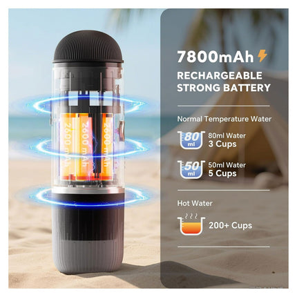 Rechargeable water bottle with battery display on a beach background