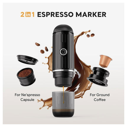2-in-1 Espresso Marker with capsules and coffee beans on a white background