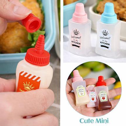 Collage of miniature condiment bottles with colorful caps and labels.
