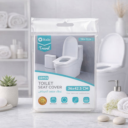 Packaging of toilet seat covers with a bathroom setting in the background