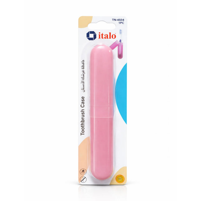 Pink toothbrush case with 'italo' branding on a white background