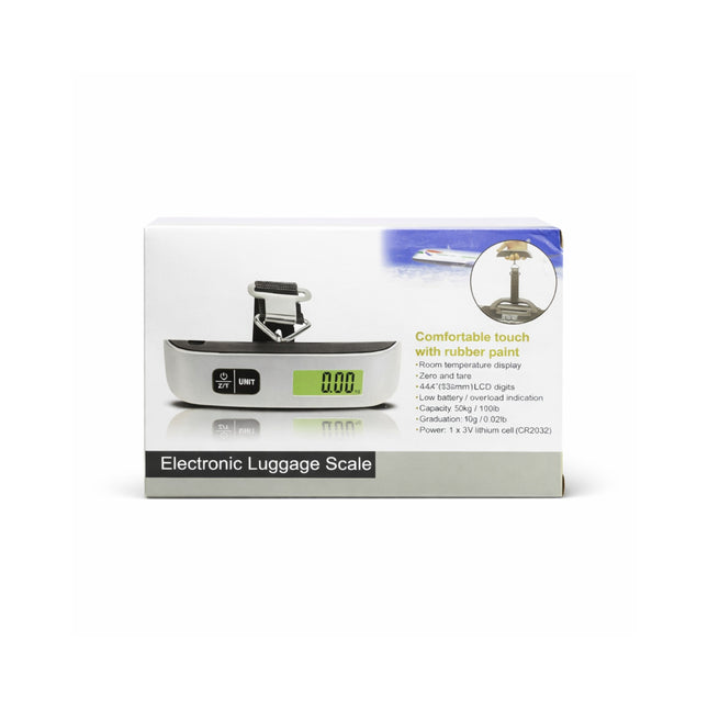 Electronic luggage scale packaging on a white background
