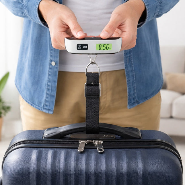 Person using a digital luggage scale on a blue suitcase indoors.