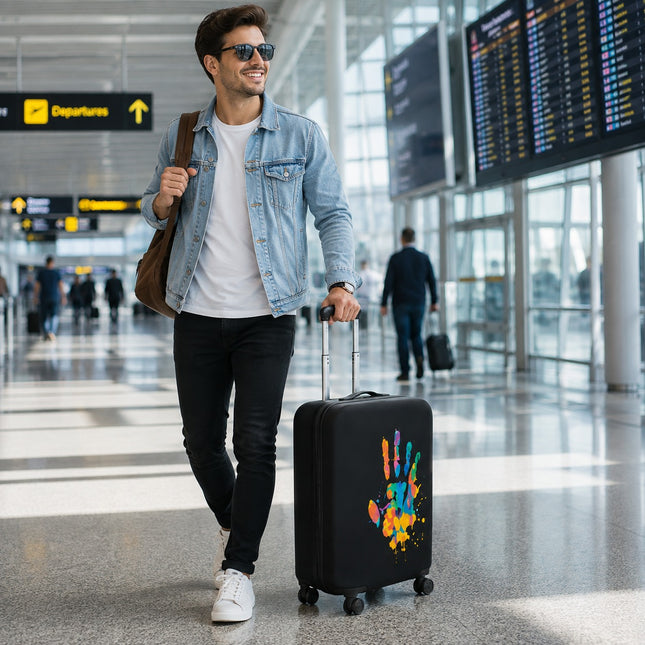 A man in a modern airport terminal is walking while pulling a black rolling suitcase decorated with a colorful, vibrant handprint graphic. He is wearing a light blue denim jacket, white t-shirt, black jeans, and white sneakers, and has a brown shoulder bag.