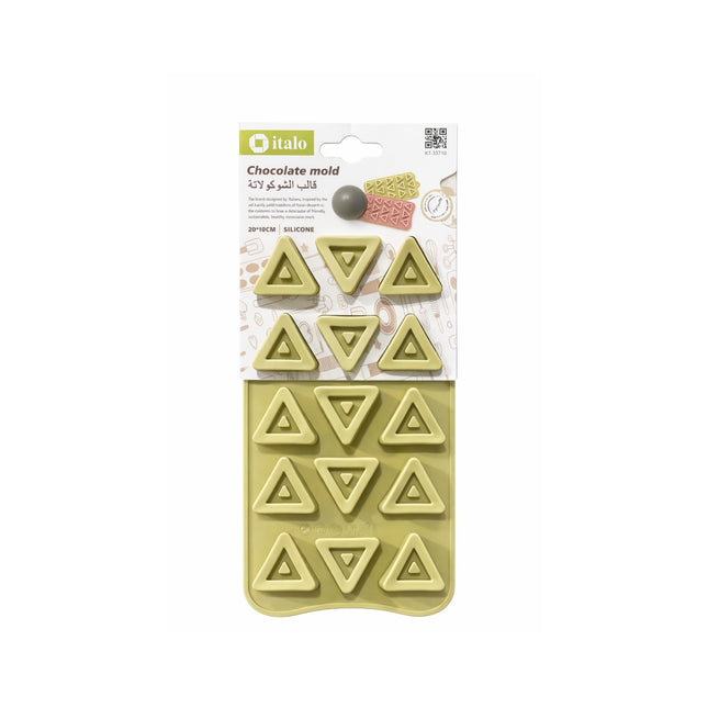Silicone triangle-shaped chocolate mold on packaging with 'italo' branding.