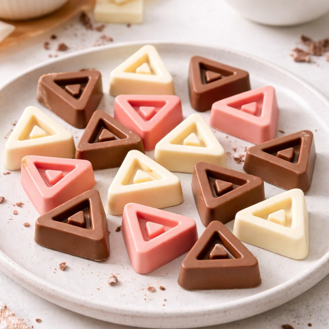 Assorted triangle-shaped chocolates on a white plate