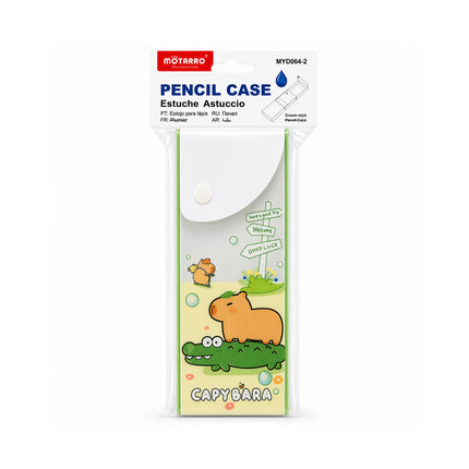 Pencil case packaging with cartoon animals on a white background