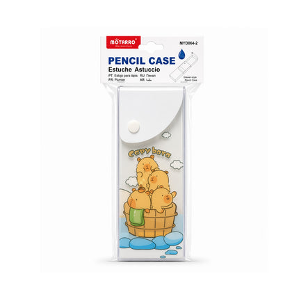 Pencil case packaging with cartoon bears design on a white background