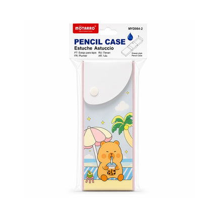 Pencil case packaging with a cartoon bear design on a white background