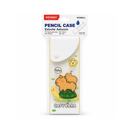 Pencil case packaging with a capybara design on a white background