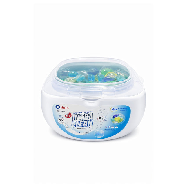 Container of Italo Ultra Clean laundry capsules on a white background