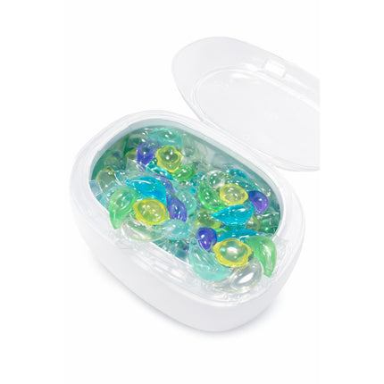 Clear container with colorful gel beads on a white background