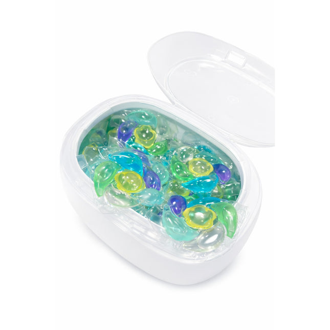 Clear container with colorful gel beads on a white background