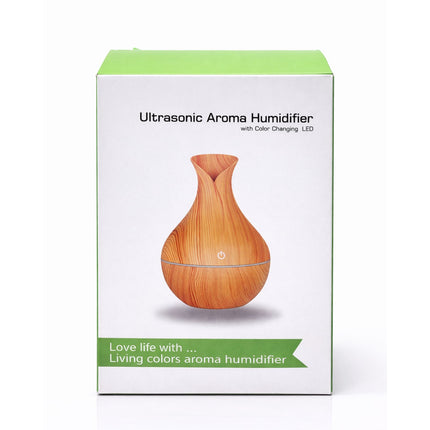 Ultrasonic Aroma Humidifier packaging with wooden design on a white background