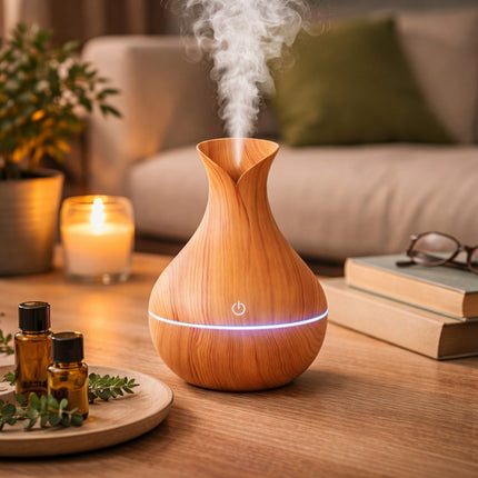 Wooden diffuser emitting steam on a table with candles, books, and plants in a cozy living room.