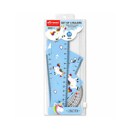 Set of 4 rulers with unicorn design in packaging on a white background