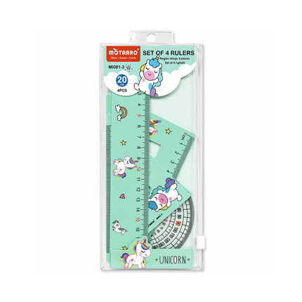 Set of rulers with unicorn design packaging on a white background