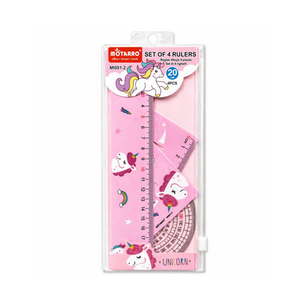 Set of 4 rulers with unicorn design in packaging on a white background