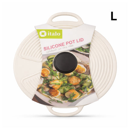 Silicone pot lid with italo branding on a white background