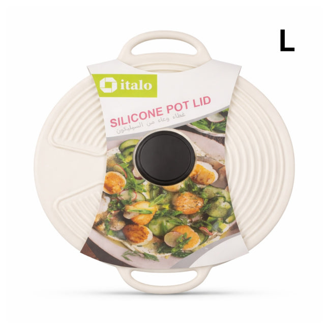 Silicone pot lid with italo branding on a white background
