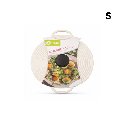 Silicone pot lid with branding on a white background