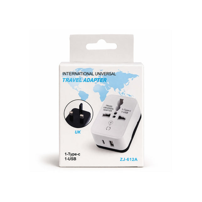 International universal travel adapter packaging with world map on a white background