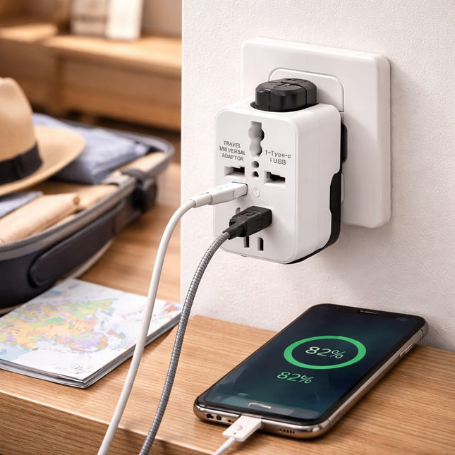 Travel adapter with multiple outlets and USB ports charging a smartphone on a wooden surface.