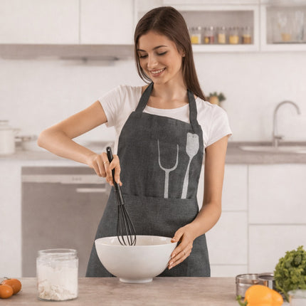 Woman in a kitchen wearing an apron with cooking utensil designs, holding a bowl and whisk.