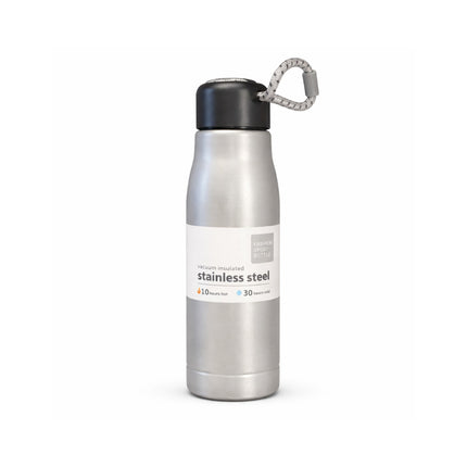 Stainless steel water bottle with black lid and keychain on a white background