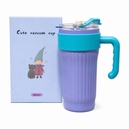 Purple vacuum cup with blue handle and lid next to a purple box with cartoon characters on a white background
