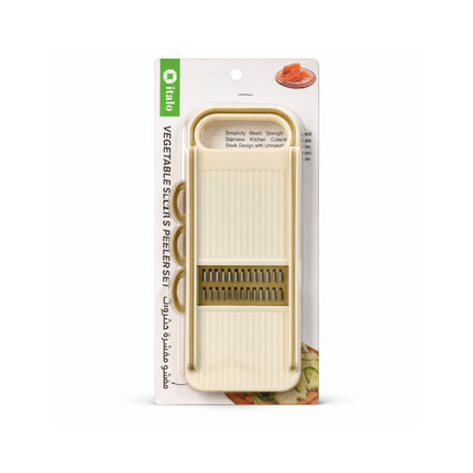 Vegetable slicer and peeler set in packaging on a white background