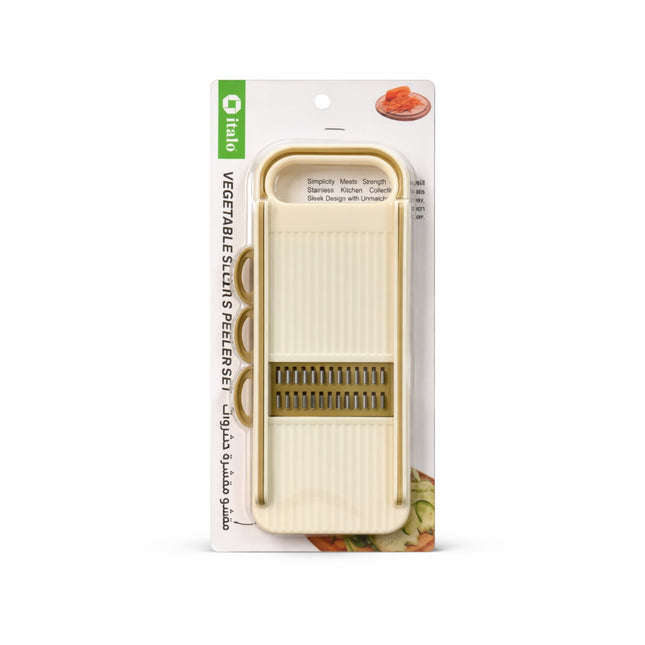 Vegetable slicer and peeler set in packaging on a white background