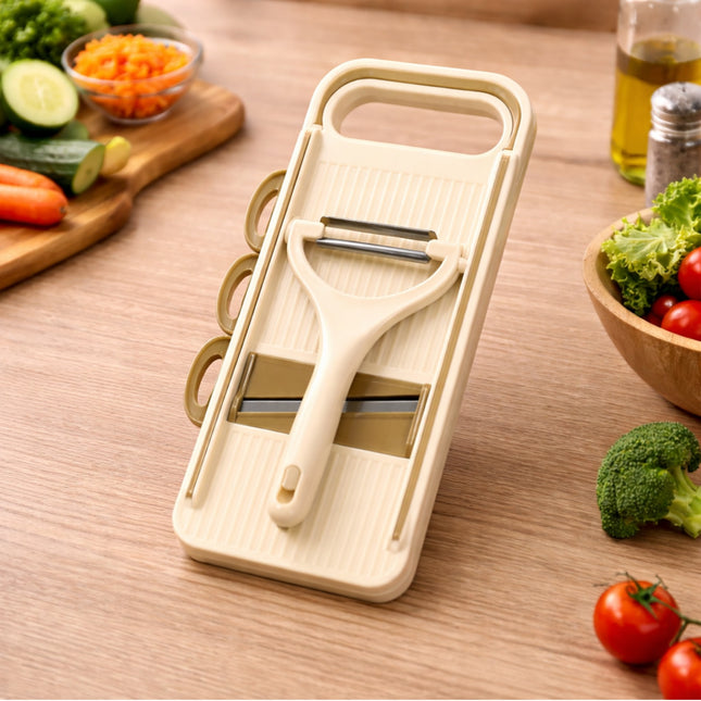 Vegetable chopper on a wooden table with fresh vegetables around