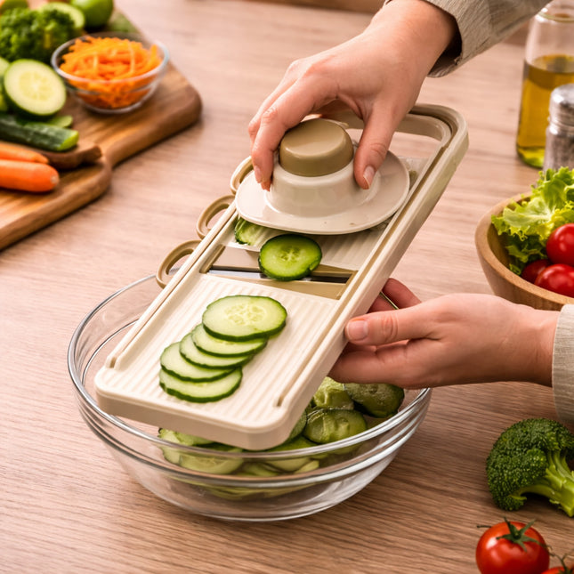 Person using a vegetable slicer to slice cucumbers on a wooden table with various vegetables.