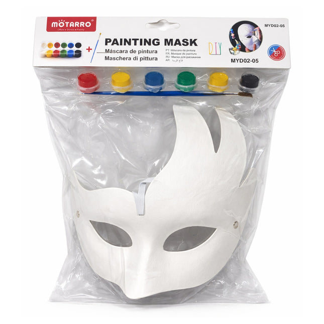 White painting mask in packaging with paint containers and tools on a white background