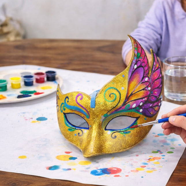 Colorful mask being painted with a brush on a table with art supplies.