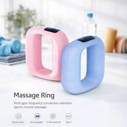Pink and blue massage rings on a white surface with text describing their features.