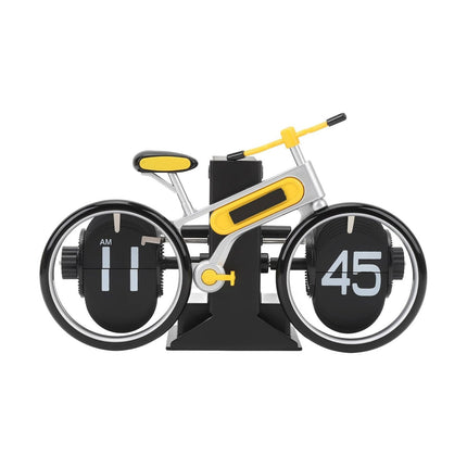Bicycle-shaped clock with black and yellow design on a white background