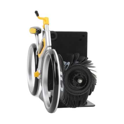 Small bicycle model with yellow handlebars and black frame on a white background