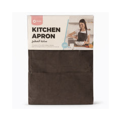 Brown kitchen apron packaging with a woman wearing an apron on a white background