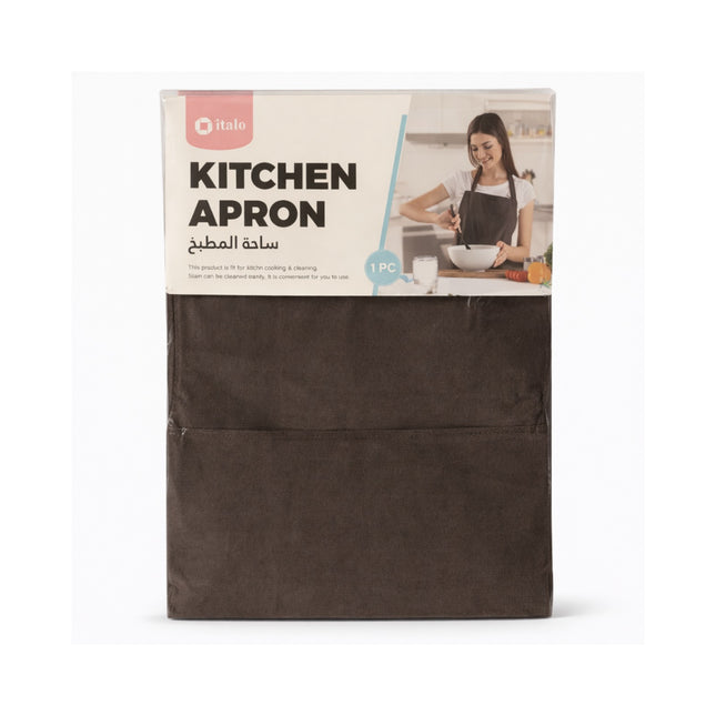 Brown kitchen apron packaging with a woman wearing an apron on a white background