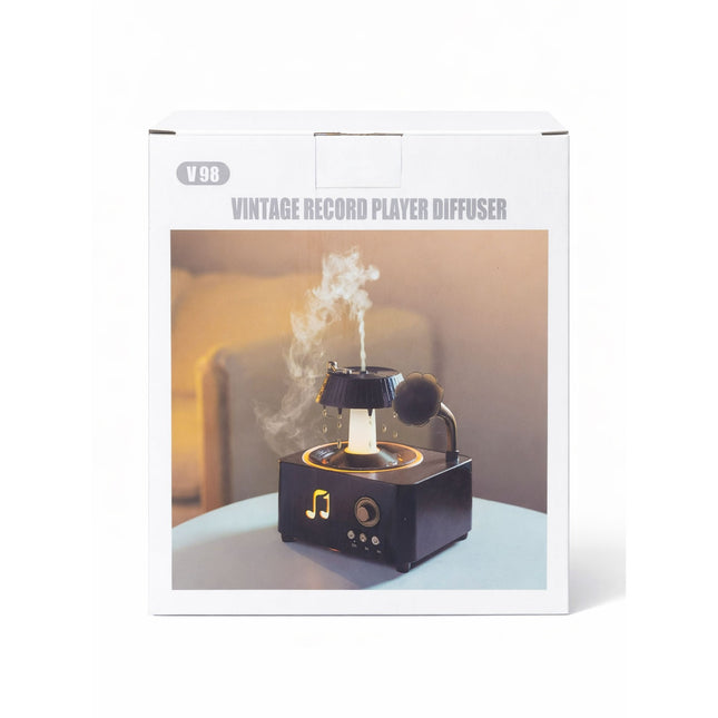 Vintage record player diffuser packaging with product image on a white background